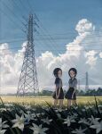  05tai_mono 2girls absurdres arms_behind_back black_hair black_sailor_collar black_skirt cloud cloudy_sky daffodil day flower highres multiple_girls original outdoors own_hands_together pleated_skirt red_eyes sailor_collar scenery school_uniform serafuku short_hair skirt sky standing transmission_tower wire 