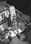  1girl ankle_socks book closed_eyes coat collared_coat collared_dress crying crying_with_eyes_open dress full_body greyscale highres indoors jaddddan long_hair long_sleeves messy_room mirror monochrome necktie open_mouth original oxfords plaid plaid_dress pleated_dress school_uniform shadow socks solo standing striped striped_socks table tears very_long_hair 