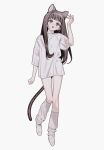  1girl absurdres animal_ears brown_eyes brown_hair cat_ears cat_tail full_body hand_up head_tilt highres long_hair nanoka_san open_mouth original oversized_clothes oversized_shirt shirt socks tail walking white_background white_shirt white_socks 