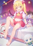  1girl 909446844 :d absurdres arm_support ascot bare_legs barefoot blonde_hair bow crystal fang feet flandre_scarlet flat_chest full_body fumo_(doll) hair_bow hat highres izayoi_sakuya knee_up legs looking_at_viewer mob_cap on_bed one_side_up open_mouth patchouli_knowledge pink_eyes pointy_ears red_bow red_skirt red_vest remilia_scarlet short_hair sitting skin_fang skirt skirt_set smile solo star_(symbol) toenails toes touhou vest wings wrist_cuffs yellow_ascot 