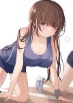  1girl 1other ? absurdres blush breasts brown_eyes brown_hair highres large_breasts looking_at_viewer original short_twintails sportswear twintails twitter_username yukari_(rihenara_doll) 