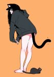  1girl animal_ear_fluff animal_ears bare_legs barefoot bent_over black_cat black_eyes black_hair blush bottomless bright_pupils cat cat_ears cat_girl cat_tail from_behind grey_hoodie highres hood hoodie looking_at_viewer looking_back megateru notice_lines original own_hands_together solo stretching tail white_pupils 