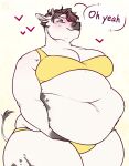  anthro aucherr belly big_belly blush bovid bovine bra breasts brown_hair cattle clothing english_text female hair hi_res holding_belly horn lifting_belly mammal navel overweight overweight_anthro overweight_female panties solo text underwear yellow_bra yellow_clothing yellow_panties yellow_underwear 