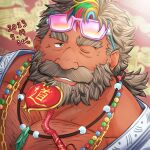  1boy bara bead_necklace beads beard chain_necklace chest_hair crystal_necklace dark-skinned_male dark_skin eyewear_on_head facial_hair from_above grey_hair hairy japanese_clothes jewelry judi_(housamo) kimono large_pectorals looking_at_viewer male_focus mature_male muscular muscular_male mustache necklace old old_man one_eye_closed open_clothes open_kimono pectoral_cleavage pectorals pink-framed_eyewear sabita_kan seductive_smile short_hair sideburns smile solo thick_eyebrows tokyo_afterschool_summoners translation_request wrinkled_skin 