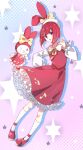  1girl animal animal_ears arima_kana beret bob_cut dress full_body hat inverted_bob my_melody one_eye_closed open_mouth oshi_no_ko rabbit_ears red_dress red_eyes red_footwear red_hair ribbon rxxxx_(77698007) short_hair smile socks star_(symbol) white_socks yellow_ribbon 