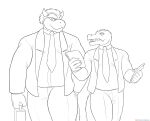  alligator alligatorid anthro bowser business_suit clothing cregon crocodile crocodilian crocodylid duo eyebrows hand_in_pocket hi_res horn koopa line_art male mario_bros necktie nintendo patreon patreon_logo pockets reptile scalie shell-less spelunker_sal suit thick_eyebrows 