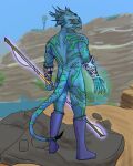  anthro armor baldur&#039;s_gate blue_body boots bracers butt circlet clothing dragon dragonborn_(dnd) dungeons_and_dragons electricity footwear footwear_only fyreblazes green_markings hasbro hi_res humanoid lightning looking_at_viewer magic male markings mostly_nude nude scalie solo staff tail weapon wizards_of_the_coast wristwear wristwear_only yellow_eyes 