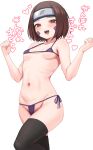  1girl :d alternate_costume bare_arms bare_shoulders bikini black_thighhighs blush breasts brown_eyes brown_hair clenched_hands collarbone groin hands_up heart highres micro_bikini mil_k_vanilla naruto naruto_(series) navel nohara_rin purple_bikini shiny_skin short_hair small_breasts smile solo swimsuit teeth thighhighs translation_request 