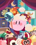  aqua_background beam_kirby blue_background blue_eyes blush_stickers closed_mouth commentary_request copy_ability crescent curtains dyna_blade fighter_kirby food frilled_hat frills galactic_nova hat heart hitofutarai holding holding_wand invincible_candy jester_cap kirby kirby_(series) kirby_super_star looking_at_viewer no_humans onigiri orange_headwear picture_(object) pink_skirt planet pom_pom_(clothes) red_footwear red_headwear shoes skirt smile solo star_(symbol) star_print striped striped_background sun tomato treasure_chest trophy two-tone_background two-tone_headwear wand 