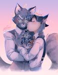  absurd_res anthro blush bodily_fluids claws clothing dress_shirt duo embrace eyes_closed felid feline gentleman hi_res hug kissing lackadaisy love male male/male mammal mordecai_heller plushie rocky_rickaby secretly_loves_it shirt smile sweat topwear webcomic yuu-chan 