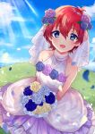  1girl bare_shoulders blue_eyes blue_flower blue_rose blush bouquet bridal_veil cloud cloudy_sky collarbone day dot_nose dress falling_petals flower highres holding holding_bouquet idolmaster idolmaster_million_live! idolmaster_million_live!_theater_days julia_(idolmaster) looking_at_viewer ocean on_grass open_mouth petals piercing purple_flower purple_rose rainbow_gradient red_hair rose short_hair sitting sky smile solo sunlight usadaikon veil wedding_dress yellow_flower yellow_rose 