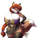  anthro big_breasts bottomwear breasts canid canine chochi cleavage clothed clothing female fox fur holding_melee_weapon holding_object holding_weapon huge_breasts legwear mammal melee_weapon multicolored_body multicolored_fur skirt solo sonya_(chochi) thick_thighs thigh_highs two_tone_body two_tone_fur weapon 