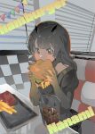  1girl black_dress black_gloves black_horns burger character_name cheese coca-cola dress drinking_straw eating fake_horns fast_food food food_in_mouth food_name french_fries glass gloves grey_eyes grey_hair highres holding holding_food horns lettuce long_hair nanami:_storm_(punishing:_gray_raven) nanami_(punishing:_gray_raven) punishing:_gray_raven sidelocks sitting small_horns solo tomato yongsadragon 