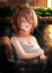  1girl :d agnes_tachyon_(umamusume) ahoge animal_ears bare_shoulders bathing blush breasts brown_hair cleavage closed_eyes commentary_request highres horse_ears horse_girl horse_tail large_breasts motsushi naked_towel onsen partially_submerged plant short_hair smile solo tail towel umamusume wet wooden_wall 
