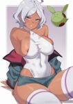  1girl absurdres aqua_eyes areola_slip asticassia_school_uniform bare_shoulders breasts collarbone commentary dark-skinned_female dark_skin gradient_background grey_hair gundam gundam_suisei_no_majo haro highleg highleg_leotard highres large_breasts leotard long_sleeves looking_at_viewer mandytsune medium_hair parted_bangs patreon_username school_uniform secelia_dote seductive_smile short_shorts shorts sitting skindentation smile thighhighs thighs v-shaped_eyebrows watermark web_address 