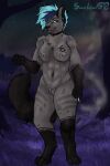 2:3 absurd_res anthro collar digital_drawing_(artwork) digital_media_(artwork) female forest hi_res hyena mammal muscular muscular_female night one_eye_closed pinup plant pose scorchwind58 sky smoke smoking solo star starry_sky starscape tree wink 