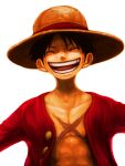  1boy black_hair closed_eyes hat highres male_focus meta_gun monkey_d._luffy one_piece open_clothes red_shirt scar scar_on_cheek scar_on_chest scar_on_face shirt short_hair simple_background smile solo straw_hat teeth white_background 