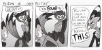  anthro avian bird blitzo_(helluva_boss) butt clothed clothing comic dialogue duo feathers grey_body grey_feathers helluva_boss hi_res humanoid humor imp male mlavieer monochrome owl owl_demon partially_clothed red_body red_skin stolas_(helluva_boss) 