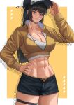  1girl abs absurdres black_hair blue_eyes breasts cleavage cropped_jacket fax61209 hand_on_own_hip hat highres long_hair muscular muscular_female original short_shorts shorts solo tank_top thick_thighs thighs 