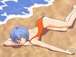  1990s_(style) 1girl artist_request ass ayanami_rei backless_swimsuit bare_back beach blue_hair closed_mouth curled_fingers day feet_out_of_frame from_above gainax hair_between_eyes head_on_arm head_rest light_smile looking_at_viewer looking_up lying neon_genesis_evangelion non-web_source ocean official_art on_ground on_stomach one-piece_swimsuit orange_one-piece_swimsuit outdoors outstretched_arm red_eyes retro_artstyle sand short_hair shoulder_blades smile solo sunbathing swimsuit 