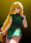  1girl alternate_costume blonde_hair china_dress chinese_clothes closed_mouth dress fire_emblem fire_emblem:_three_houses from_below gradient_background green_eyes hand_on_own_shoulder highres holding ingrid_brandl_galatea long_hair looking_at_viewer looking_down simple_background solo very_long_hair yuurururun 