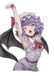  1girl absurdres armpits bat_wings black_wings breasts choker demon_wings dress fang highres one_eye_closed open_mouth outstretched_arm pointy_ears purple_hair red_choker red_eyes red_nails remilia_scarlet short_hair sideboob skin_fang sleeveless solo stretching thgyouza touhou white_background white_dress white_headwear wings 