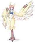  1girl 4138 animal_ears bird_ears bird_legs black_tank_top blue_eyes bottomless breasts claws digitigrade feathered_wings feathers frown hair_ornament hairclip harpy head_wings looking_at_viewer medium_hair midriff monster_girl navel original red_hair simple_background small_breasts solo talons tank_top two-tone_wings white_background white_feathers white_wings winged_arms wings yellow_feathers yellow_wings 