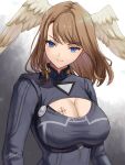  1girl artist_name black_bodysuit blue_eyes bodysuit breast_tattoo breasts brown_hair chest_tattoo cleavage cleavage_cutout closed_mouth clothing_cutout commentary dated eunie_(xenoblade) feathered_wings head_wings highres large_breasts long_hair long_sleeves looking_at_viewer oyasu_(kinakoyamamori) simple_background smile solo swept_bangs tattoo upper_body white_wings wings xenoblade_chronicles_(series) xenoblade_chronicles_3 