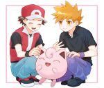  2boys :d baseball_cap black_footwear black_shirt black_wristband blue_oak brown_hair closed_eyes collared_shirt commentary_request framed hat highres jewelry jigglypuff male_focus mochi_(mocchi_p_2m) multiple_boys necklace open_mouth pants pokemon pokemon_(creature) pokemon_(game) pokemon_frlg purple_pants red_(pokemon) red_headwear red_vest shirt shoes short_hair short_sleeves smile spiked_hair squatting t-shirt teeth tongue upper_teeth_only vest white_background wristband 