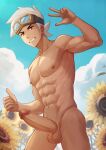  1boy abs cloud commentary_request cowboy_shot day flower friede_(pokemon) goggles goggles_on_head grin hand_up highres looking_at_viewer male_focus navel nipples nude outdoors pectorals penis pokemon pokemon_(anime) pokemon_horizons sky smile solo sunflower teeth tentis testicles thumbs_up uncensored w white_hair yellow_eyes 