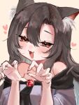  1girl :d animal_ear_fluff animal_ears bare_shoulders brown_background brown_hair dress fang half-closed_eyes heart imaizumi_kagerou long_hair looking_at_viewer off-shoulder_dress off_shoulder open_mouth r_xly0 red_hair simple_background smile solo touhou white_dress wolf_ears wolf_girl 