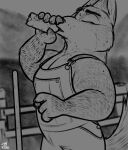  anthro barazoku beverage bodily_fluids bottle canid canine clothing container disney drinking fence fox hi_res male mammal mountain muscular muscular_male nick_wilde overalls solo sweat tangerine_(artist) zootopia 