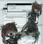  1girl brown_hair circular_saw english_commentary english_text highres joints juniper_(artist) looking_at_viewer open_mouth original red_eyes robot_girl robot_joints saw sign twintails uneven_eyes warning_sign window_(computing) 