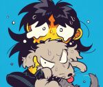  1boy animal black_hair black_jacket blue_background chibi colored_skin commentary_request crying crying_with_eyes_open dog holding holding_animal holding_dog itou_kaiji jacket kaiji long_hair looking_at_viewer male_focus medium_bangs open_mouth parted_bangs simple_background solo suzuka_g tears tongue tongue_out upper_body yellow_skin 