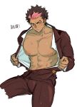  1boy abs bad_link blue_eyes bulge closed_mouth formal guel_jeturk gundam gundam_suisei_no_majo inverted_nipples large_areolae large_pectorals long_sideburns male_focus mole mole_under_eye multicolored_hair muscular muscular_male navel nipples open_clothes pectorals pink_hair puffy_nipples short_hair sideburns simple_background sitting solo suit sweat undressing white_background 