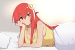  1girl absurdres blush bra commission commissioner_upload hair_between_eyes hair_ornament highres long_hair looking_at_viewer miia_(monster_musume) non-web_source pillow pink_bra pointy_ears red_eyes red_scales scales shirt skeb_commission smile solo strap_slip under_covers underwear very_long_hair yellow_shirt 