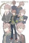  1boy :d aemono_(lemolemo_lmn) bag black_jacket black_pants black_vest brown_jacket character_name clenched_hand danganronpa:_trigger_happy_havoc danganronpa_(series) dated from_behind full_body green_eyes green_hoodie happy_birthday highres hood hood_down hoodie jacket long_sleeves looking_at_viewer looking_back male_focus multiple_views naegi_makoto necktie pants pointing pointing_at_viewer red_necktie smile standing vest 