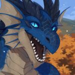  1:1 absurd_res anthro blue_eyes blue_horn blue_sky blurred_background bust_portrait cheek_frill corzh77 dragon ear_frill frill_(anatomy) front_view glistening glistening_eyes hi_res horn looking_at_viewer male open_mouth portrait ridged_horn scales scalie sharp_teeth sky solo tan_body tan_frill tan_scales teeth 