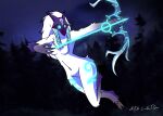  anthro arrow_(weapon) bovid bow_(weapon) breasts bright_eyes caprine chest_tuft featureless_breasts featureless_crotch female forest fur glowing glowing_eyes glowing_markings hair hi_res jumping kindred_(lol) lamb_(lol) league_of_legends long_hair mammal markings mask nikku_lunatique nude plant ranged_weapon riot_games sheep shooting_gun solo tree tuft weapon white_body white_fur white_hair 