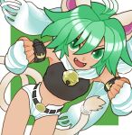  1girl :d animal_ears antenna_hair bell belt beryl_(shinrabanshou) black_belt cat_ears cat_girl cat_tail fangs fingerless_gloves gloves green_eyes green_hair hair_between_eyes jingle_bell micro_shorts open_mouth scarf see-through shinrabanshou short_hair shorts sicky_(pit-bull) smile solo tail tail_ornament tail_ring white_gloves white_scarf white_shorts 