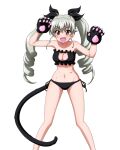  1girl anchovy_(girls_und_panzer) animal_ears blush breasts brown_eyes cat_lingerie cat_tail cleavage cleavage_cutout clothing_cutout drill_hair fake_animal_ears fake_tail fang girls_und_panzer grey_hair highres key_(gaigaigai123) large_breasts long_hair looking_at_viewer meme_attire navel open_mouth simple_background smile solo tail twin_drills white_background 