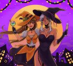  2girls armpit_crease belt black_dress black_gloves breasts brown_hair choker cleavage clothing_cutout curtained_hair dangle_earrings dark-skinned_female dark_skin dress drink earrings eiyuu_densetsu english_commentary estelle_bright floop249 gloves green_eyes hair_between_eyes halloween_costume hat highres holding holding_drink jewelry large_breasts medium_breasts medium_hair moon multiple_girls one_eye_closed open_mouth purple_background red_eyes scherazard_harvey sora_no_kiseki thigh_cutout white_hair witch_hat 