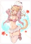  1girl absurdres animal_ears arms_up ball bikini bikini_top_only blonde_hair bow breasts cat_ears cat_girl cat_tail cleavage collarbone facial_mark fang final_fantasy final_fantasy_xiv flower full_body groin hair_bow halterneck highres holding holding_ball jewelry jumping looking_at_viewer medium_breasts medium_hair midriff miniskirt miqo&#039;te mokokoiro navel necklace one_eye_closed open_clothes open_mouth open_shirt pink_bikini pink_bow pink_shirt pleated_skirt red_eyes red_flower sandals shirt skin_fang skirt solo swimsuit tail teeth thighhighs upper_teeth_only warrior_of_light_(ff14) white_skirt white_thighhighs 