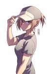  1girl absurdres artist_logo baseball_cap black_headwear black_shirt brown_eyes brown_hair dated hair_between_eyes hand_on_headwear hat highres jvco_arts misaka_mikoto parted_lips shirt short_hair short_ponytail short_sleeves solo toaru_kagaku_no_railgun toaru_majutsu_no_index two-tone_headwear upper_body white_background white_headwear 