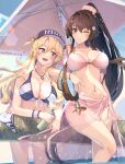  2girls beach_umbrella blonde_hair blue_eyes blush breasts brown_eyes brown_hair cherry_blossoms cleavage flower hair_between_eyes hair_ornament highres himeyamato holding implied_yuri iowa_(kancolle) kantai_collection large_breasts long_hair multiple_girls navel one_eye_closed open_mouth pink_sarong ponytail revision sarong star-shaped_pupils star_(symbol) swimsuit symbol-shaped_pupils umbrella very_long_hair wading wet yamato_(kancolle) yamato_kai_ni_(kancolle) 