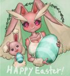  1girl 1other animal_ears bare_shoulders black_eyes black_sclera blush body_fur breasts brown_fur buck_teeth buneary cleavage closed_mouth collarbone colored_sclera commentary_request easter easter_egg egg english_text evolutionary_line furry furry_female green_background hands_up happy happy_easter highres holding holding_egg large_breasts looking_at_viewer lopunny open_mouth partial_commentary pepper_gecko72 pokemon pokemon_(creature) rabbit_ears rabbit_girl red_eyes shirt sleeveless sleeveless_shirt smile teeth two-tone_fur upper_body v-shaped_eyebrows white_shirt yellow_fur 