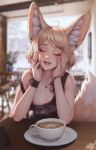  animal_humanoid beverage big_ears blonde_hair breasts canid canid_humanoid canine canine_humanoid cellphone clothing coffee coffee_mug coffee_shop death_(band) dipstick_tail ear_piercing eyes_closed female fennec_humanoid flat_chested fluffy fluffy_tail fox_humanoid furniture hair hi_res humanoid inner_ear_fluff inside jewelry khiara_(personalami) mammal mammal_humanoid markings necklace nipple_slip one_breast_out open_mouth personalami phone piercing shirt small_breasts smartphone solo table tail tail_markings tank_top topwear tuft 