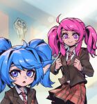  2girls :o alternate_costume bangs blue_hair blush brown_jacket closed_mouth collared_shirt fang indoors jacket league_of_legends looking_at_another lux_(league_of_legends) multiple_girls necktie open_mouth phantom_ix_row plaid plaid_skirt pointy_ears poppy_(league_of_legends) purple_eyes red_necktie red_skirt school_uniform shirt skirt smile striped_necktie twintails yordle 