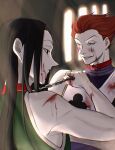  2boys belt_collar black_hair blood blood_on_clothes blood_on_face chain chain_leash collar cuts earrings empty_eyes enyalee facial_mark from_behind hair_slicked_back hand_up highres hisoka_morow hunter_x_hunter illumi_zoldyck injury jewelry leash light_rays long_hair male_focus multiple_boys red_hair seductive_smile short_hair sleeveless smile upper_body 