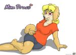  &lt;3 2018 anthro blonde_hair bottomwear canid canine canis character_name clothed clothing domestic_dog female fur grey_bottomwear grey_clothing grey_shorts hair mammal mina_draco orange_clothing orange_shirt orange_topwear pinup pose red_eyes sammfeatblueheart shirt shorts simple_background solo tail tan_body tan_fur tan_tail tongue tongue_out topwear white_background 